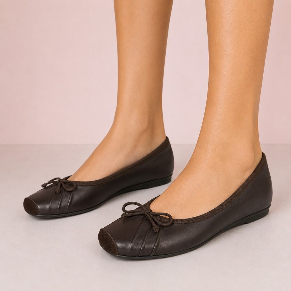 Jessica Simpson Leve Women's 8 Brown Leather Ballet Flats Bow Square Toe Y2K